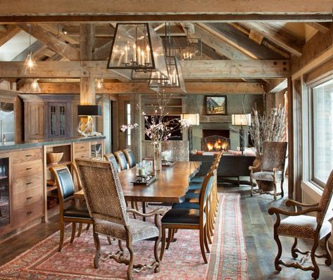 Rustic Lodge Dining Room, Lodge Dining Room, Modern Kitchen Living Room, Dining Room Decor Rustic, Contemporary Dining Room Design, Dining Room Decor Ideas, Rustic Log Cabin, Grey Dining Room, Casual Dining Rooms