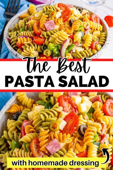 This Tri Color Pasta Salad with Italian Dressing and Salami is the BEST pasta salad recipe for any special occasion! The whole family will love this delicious Italian Pasta Salad! Pasta Salad Recipes Tri Color, Tri Pasta Recipes, Tri Color Pasta Salad Recipes With Italian Dressing, Good Seasons Pasta Salad, Italian Dressing Pasta Salad Recipes, Pasta Salad Without Italian Dressing, Tri Color Pasta Salad Italian Dressing, Sweet And Sour Pasta Salad, Catalina Pasta Salad Recipe