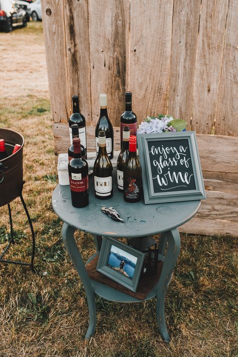 Want to mix it up at your wedding? Try finding a vintage table and having a wine bar for your guests with mixed bottles of wine! Wine Table Wedding, Wedding Wine Bar, Wedding Wine Table, Diy Wine Bar, Abbotsford Bc, Wedding Reception Fun, Rustic Backyard, Wedding Centrepieces, Reception Inspiration