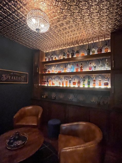 Home Speakeasy – Photo Contest Home Speakeasy, Acoustical Ceiling, Faux Tin Ceiling, Faux Tin Ceiling Tiles, Copper Backsplash, Man Cave Bathroom, Decorative Ceiling Tile, Faux Tin, Tin Ceiling Tiles