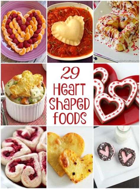 These 29 fun heart shaped foods are just perfect for Valentine's Day. Use them to plan a delicious menu for your valentine! Heart Shaped Food Valentines, Menu St Valentin, Heart Shaped Foods, Valentine's Day Menu Ideas, Valentines Party Food, Shaped Food, Heart Shaped Food, Heart Shaped Valentines, Food Shapes