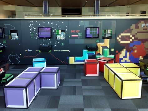 Games Lounge - National Media Museum in Bradford. Tetris style seating, retro Gaming Wall, Donkey Kong Mural Room Ideas For Adults, Video Game Room Ideas, Games Room Ideas, Game Room Ideas, Room Ideas For Small Rooms, Gaming Lounge, Small Game Rooms, Retro Games Room, Gaming Furniture