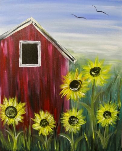 Learn to Paint Sunflower Farm tonight at Paint Nite! Our artists know exactly how to teach painters of all levels - give it a try! Sunflower Farm, Farm Paintings, Wine And Canvas, Barn Painting, Paint Nite, Image Nature, Summer Painting, Easy Canvas Painting, Canvas Painting Diy