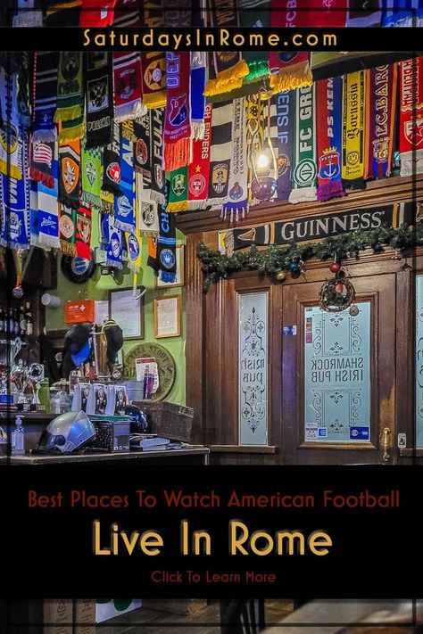 When you are visiting Rome during football season, check out these great places to watch NFL games live with a proper pint of beer and delicious food. The best way to watch the NFL in Italy, if you don’t want to buy a streaming package and watch the NFL at home, is to find an Irish pub and let them know that there is a game you would like to watch. They are the Roman equivalent of an American sports bar, but with better food, beer and service. Oh, and you are also in Rome! Football Pub, American Sports Bar, Sports Pub, Visiting Rome, Pint Of Beer, Nfl Games, Italian Culture, Irish Pub, Sports Bar