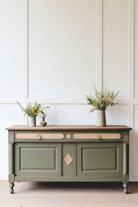 Best Green Furniture Paint Vintage Green Painted Furniture, Best Green Furniture Paint Colors, Furniture Makeover Green, Green Furniture Paint Colors, Sage Green Furniture Paint, Hunter Green Furniture, Olive Green Painted Furniture, Painted Wood Furniture Ideas, Green Furniture Paint