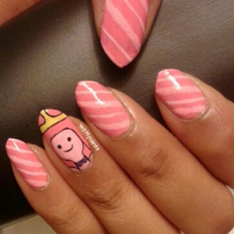 Princess bubblegum adventure time nails Princess Bubblegum Nails, Adventure Time Nail Art, Adventure Time Nails, Bubblegum Nails, Bubblegum Adventure Time, Princess Nail Art, Character Nails, Time Nails, Dope Nail Designs