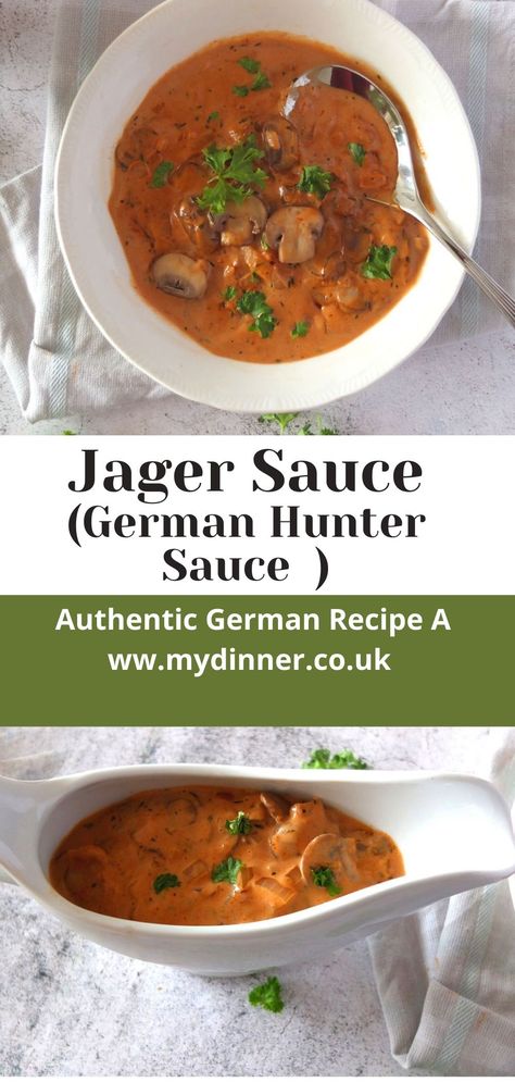 Chicken Schnitzel Gravy Recipe, Jaeger Schnitzel Sauce, German Gravy Mushrooms, Jaeger Sauce German Recipes, Gravy For Schnitzel, Hunters Sauce Recipe, German Hunter Sauce, Hunters Gravy, Hunter Schnitzel Recipe