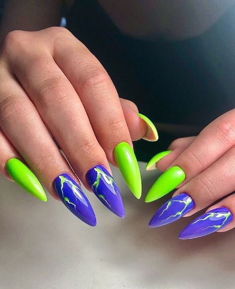 Purple Green Nails Designs, Purple Green Nails, Green And Purple Nails, Purple And Green Nails, Neon Summer Nails, Neon Nail Art Designs, Summer Nails 2024, Neon Nail Art, Neon Summer