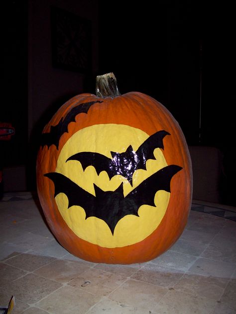 Bats, I had fun painting this one Bat Painted Pumpkin, Bat Pumpkin Painting, Painted Punkins, Cute Painted Pumpkin Ideas, Pumpkin Paint, Nightmare Before Christmas Pumpkin, Halloween Pumpkin Crafts, Creative Pumpkin Painting, Halloween Cookie Recipes