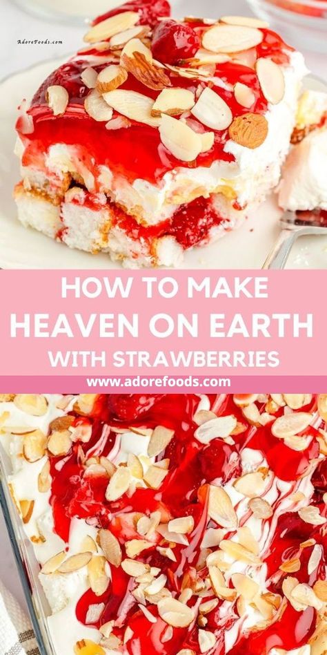 An easy treat with this no-bake strawberry angel food cake recipe. Made with vanilla pudding, whipped topping, and strawberry pie filling. Heaven On Earth Cake, Strawberry Heaven, Coffee Cake Loaf, Strawberry Angel Food Cake, Earth Cake, Strawberry Recipe, Strawberry Cake Filling, Strawberry Pie Filling, Cake Strawberry