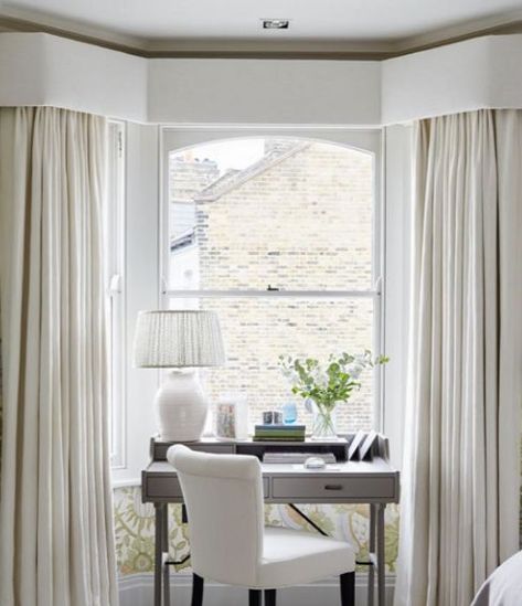 Desk By Window Living Room, Desk Bay Window Home Office, Desk In Bay Window, Bay Window Dressing Table, Bay Window With Study Table, Square Bay Window Desk, Modern French Provincial Bedroom, Desk In Front Of Window, Armchair And Lamp Bay Window