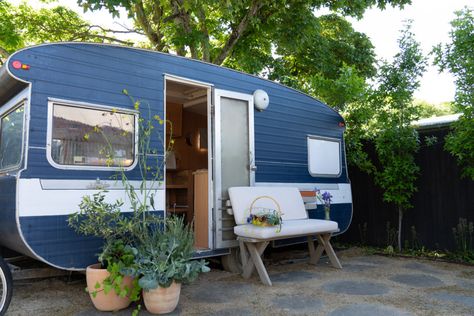 70s Caravan, Caravan Exterior, Caravan Paint, Banquette Cushions, Johnson Tiles, Caravan Renovation, Blue Exterior, Caravan Interior, Vintage Caravan