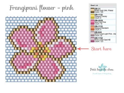 Frangipani pink pattern Petit Bout de Chou Brick Stitch Flower, Miyuki Beads Pattern, Art Perle, Bead Embroidery Patterns, Brick Stitch Pattern, Brick Stitch Earrings, Bead Weaving Patterns, Loom Bands, Seed Bead Tutorial