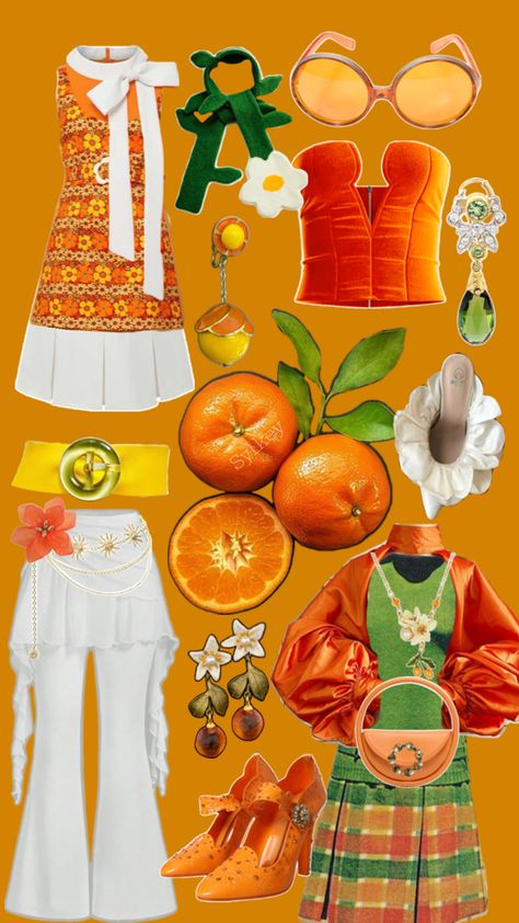 Orange background with a picture of oranges in the center. An ensemble of garnements themed around it Maximalism Fashion, Maximalism, Fashion Board, 60s Fashion, Style Board, Outfit Inspirations, Orange