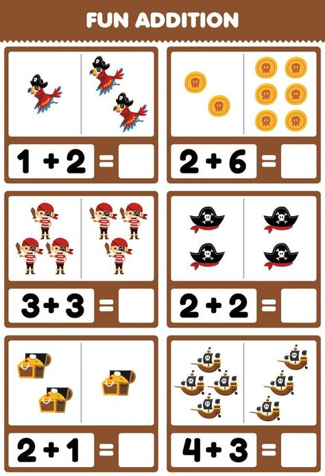 Education game for children fun addition by counting and sum of cute cartoon pirate boy parrot hat coin ship treasure chest halloween printable worksheet Cartoon Pirate, Addition Activities, Pirate Boy, Game For Children, Pirate Day, Folder Games, Printable Game, Halloween Printable, Preschool Worksheets