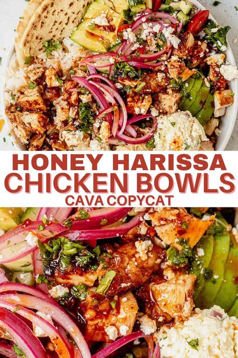 Learn how to make CAVA's popular honey harissa chicken recipe right at home. Plus, get ideas for recipe variations and tips for meal prepping ahead of time. This homemade CAVA bowl features tender chicken marinated in a delicious honey harissa sauce and tossed with Mediterranean-style toppings. It's all placed over a bed of basmati rice and lettuce, drizzled with a hot harissa vinaigrette, and served with a warm pita. Hot Honey Chicken Plate Crowded Kitchen, Crockpot Honey Harissa Chicken, Cava Harrisa Chicken, Homemade Cava Bowl, Fall Recipe Ideas Dinners, Honey Harrisa Chicken Recipe, Honey Harissa Chicken Bowl, Instant Pot Harissa Chicken, Anti Inflammation Bowl Recipes