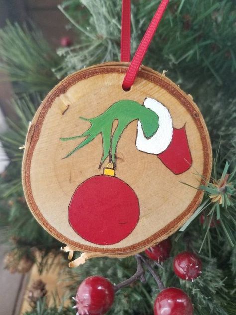 Grinch Ornament, Wood Slice Ornament, Christmas Ornament Grinch Wood Ornaments Diy, Painted Grinch Ornaments, Grinch Wooden Ornaments, Painted Tree Ornaments, Painted Wood Rounds Christmas Ornament, Wood Slice Art Paint, How To Paint Christmas Ornaments, Wooden Painted Ornaments, Wooden Disc Ornaments