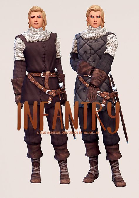 “ Infantry: a The Sims Medieval outfit conversion by Valhallan ” As always, thanks for the lovely @zx-ta for all the help! ♥ • 6 swatches • Enabled for all genders, alien & occult, and for ages teen -... Sims 4 Medieval, Medieval Outfit, Knight Outfit, Sims 4 Decades Challenge, Sims Medieval, Medieval Clothes, Sims 4 Mm Cc, Sims 4 Characters, Sims 4 Mm