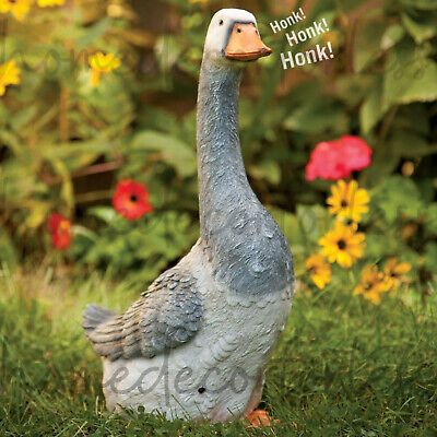 ad eBay - Measurements: Approx. 19"H x 10-1/2"L Material: Polyresin Weight: approx. 4.5 lbs. Notes: On/off switch Requires 2 "AA" batteries (not included) Our life-sized motion sensor goose strikes the perfect pose for your pond, garden, or yard. Our goose in stunningly lifelike. Walk by and it honks out a realistic honking sound. Wooden Yard Art, Pond Garden, The Goose, Outdoor Living Decor, Garden Animals, Better Homes And Garden, Red Decor, Garden Statue, Outdoor Statues