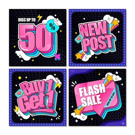 90s collection of sale social media post... | Premium Vector #Freepik #vector #fun #sale #color #business Discount Social Media Design, Flyers Ideas, Childrens Dolls, Fun Graphics, Friday Fun, Social Media Ads, Discount Banner, Work Inspiration, Google Ads