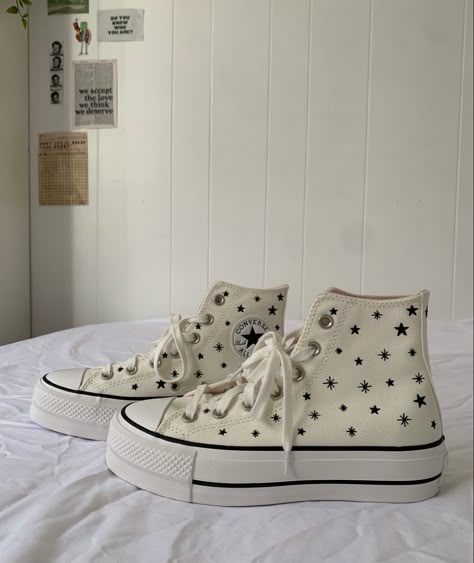 converse | stars | platform converse | shoes Mirrorball Converse, Platform Converse Design, Converse Star Embroidery, Cute Converse Platform, Shoes For Eras Tour, Cute Converse Designs, Converse Star Shoes, Converse Collection Aesthetic, White Converse Embroidery