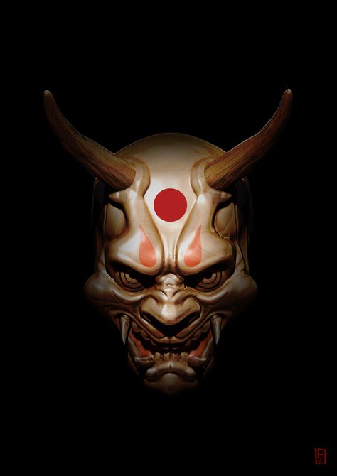 Oni Mask, Jérôme huvelle on ArtStation at https://www.artstation.com/artwork/Bv1xm Asian Demon, Demon Mask, Oni Mask, In The Dark, Mask, Red, Black