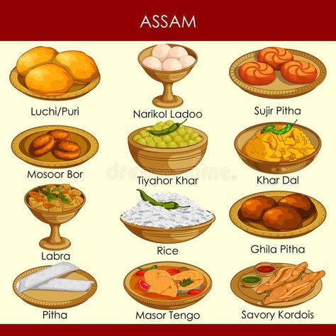 Illustration of delicious traditional food of Assam India royalty free illustration Assam Food, India Illustration, Traditional Indian Food, Main Food, Food Map, Food Vocabulary, Food Infographic, State Foods, Tastemade Recipes