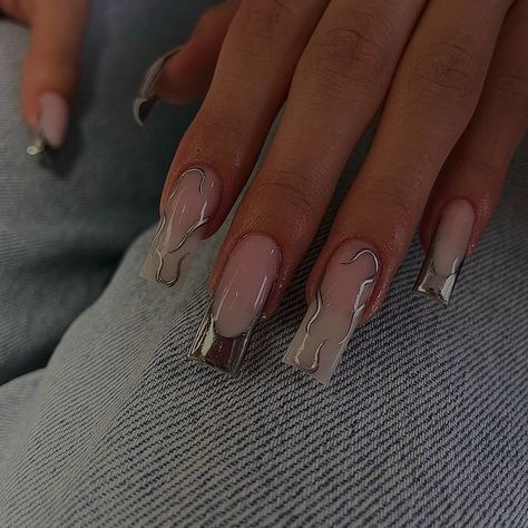 Gel X Nails French Tip Square, Simple Pretty Nails Square, Gel X Nail Designs Square, Square Nails Long Design, Long French Tip Nails With Design, Acrylic Design Nails, Nail Inspo Ideas, Square Acrylic Nails Designs, Nails With Silver