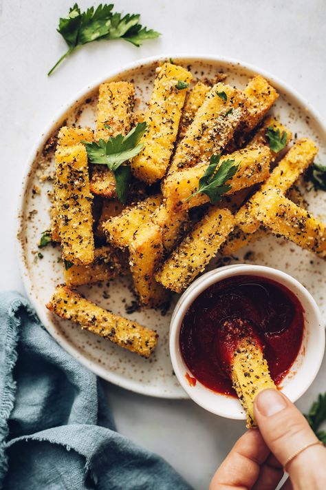 Easy Polenta, Crispy Polenta, Polenta Fries, How To Cook Polenta, Pesto Salad, Vegan Ricotta, Polenta Recipes, Vegan Parmesan Cheese, Minimalist Baker