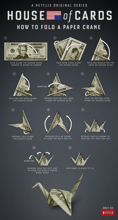 How to fold a paper crane, just like Claire Underwood. Dragon Origami, Origami Car, Origami Money, Claire Underwood, Folding Money, Origami Star Box, Origami Swan, Dollar Origami, Origami Ball