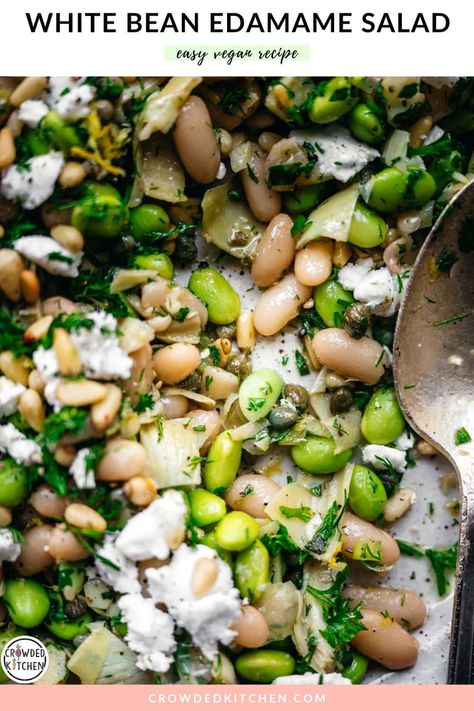 We can't get enough of this white bean salad with lemon, artichokes, herbs and edamame. It's light, refreshing, tangy, briny, and packed with plant-based protein. It makes for a wonderful side dish for any occasion, or a light dinner or lunch. Trader Joe Vegan Recipes, Artichoke Bean Salad, Light Vegan Meals, Bean Side Dish Recipes, White Bean Salad Recipes, Vegan Bean Salad, Crowded Kitchen, Cooking Dried Beans, White Bean Salad