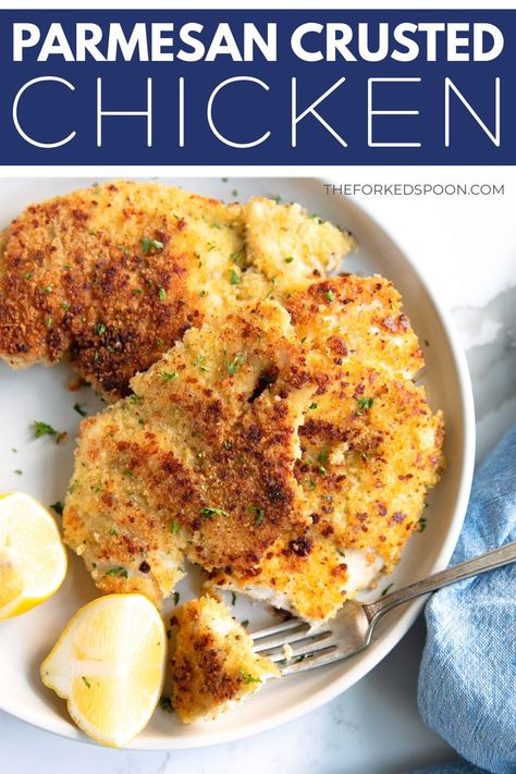 This Parmesan Crusted Chicken is made with thinly sliced chicken breast cutlets that are dredged in a delicious parmesan and panko bread crumb coating and pan-fried until perfectly crisp and golden brown. Easy to prepare and full of flavor, the whole family will love this amazing low-carb chicken recipe. Chicken And Bread Crumbs Recipes, Sliced Chicken Breast Recipes, Chicken Breast Cutlets, Chicken 101, Fried Chicken Breast Recipe, Pan Fried Chicken Breast, Crusted Chicken Recipes, Chicken Cutlet Recipes, Chicken Breast Recipes Baked