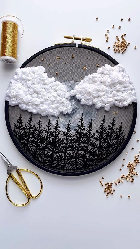 gladiis ✍ on Instagram: “My clouds or “fluffy popcorn” as my kids call them will never be perfect but they are really fun to make. 😁 . . #contemporaryart…” Embroidered Clouds, Embroidery Hoop Art Diy, Wood And Gold, Simple Hand Embroidery Patterns, Embroidery Lessons, Diy Embroidery Designs, Hand Embroidery Patterns Flowers, Basic Embroidery Stitches, Diy Embroidery Patterns