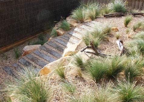 Gravel and sleeper path through dune setting. Sleeper Path, Beach Theme Garden, Sustainable Garden Design, Cornwall Garden, Beach House Garden, Australian Garden Design, Small Garden Landscape, Australian Native Garden, Seaside Garden