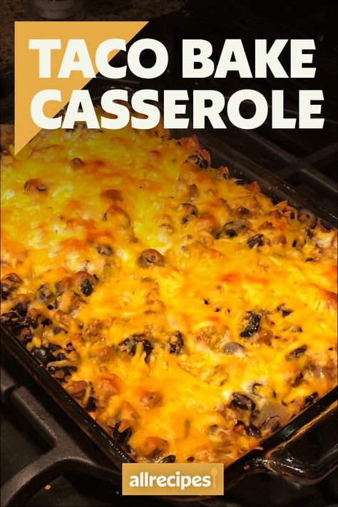 Taco Bake Casserole | "This was really good. I used taco seasoning & enchilada red sauce." #dinnerideas #dinnerrecipes #familydinnerideas #casserole #casserolerecipes #hotdish Baked Taco Casserole Beef, Soft Taco Bake Casserole, Creamy Taco Casserole, Taco Bake With Rice, Walking Taco Casserole Doritos, Freezer Taco Casserole, Easy Taco Casserole Bake, Taco Casserole Bake With Tortillas, Mexican Bake Casserole