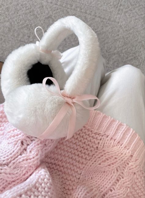 Winter accessories, white fluffy earmuffs, coquette, pink, soft aesthetic, chunky pink sweater Soft Pink Winter Aesthetic, Light Pink Winter Aesthetic, Pink Earmuffs Outfit, Coquette Earmuffs, Earmuffs Coquette, Winter Pink Aesthetic, Pinkmas Aesthetic, Pink Xmas Nails, Earmuffs Aesthetic