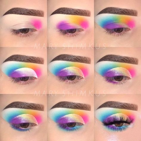 Rainbow Eye Makeup, Maquillage Yeux Cut Crease, Make Up Designs, Rainbow Eyeshadow, Makeup Pictorial, Oil Makeup Remover, Magical Makeup, Cat Eye Makeup, Makeup Tutorial Eyeshadow