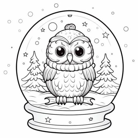 Christmas Stitch Coloring Pages, Christmas Owl Drawing, Cozy Coloring Pages Christmas, Christmas Cats Coloring Pages, Brownie Activities, Christmas Coloring Pages Snow Globe, Snowy Owl Coloring Page, Hairstyles Anime, Holiday Crafts Easter