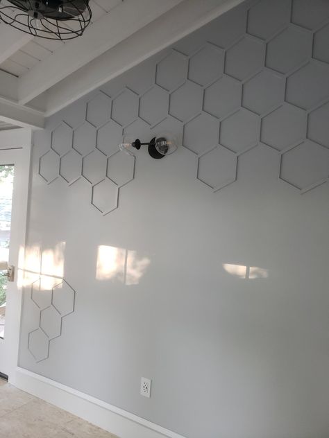 Honeycomb Wood Accent Wall, Hexagon Wall Stencil, Hexagon Feature Wall, Octagon Accent Wall, Honeycomb Painting Wall, Hexagon Wall Pattern, Honeycomb Wall Art, Camper Accent Wall Ideas, Honeycomb Wall Design