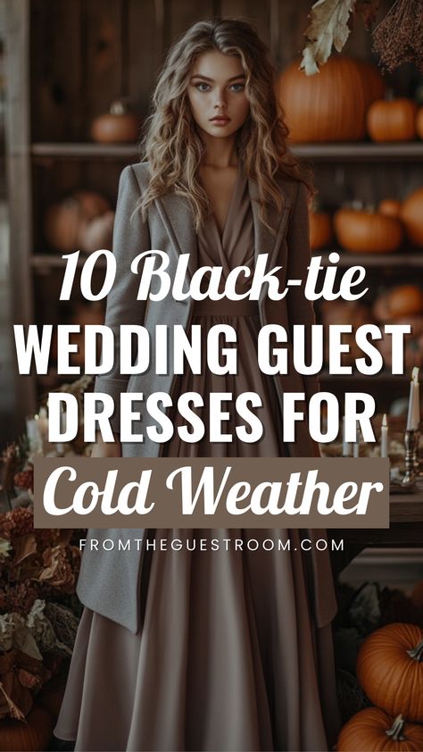 a woman wears a black tie wedding guest dress for cold weather Long Dress For Wedding Guest Winter, Winter Wedding Guest Dress Black, Winter Formal Dresses Wedding Guest, Black Tie Outside Wedding, Scottish Wedding Guest Dress, Chic Fall Wedding Guest Outfit, Winter Black Tie Dresses, Winter Gown Outfit, Cold Weather Wedding Guest Dress