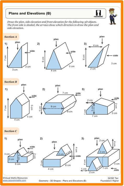 Properties Of 3D Worksheet: Plans and Elevations Compound Shapes, Year 8 Maths Worksheets, 3d Shapes Worksheets, Printable Math Games, Triangular Prism, Solving Equations, Shapes Worksheets, 3d Shapes, Math Worksheet