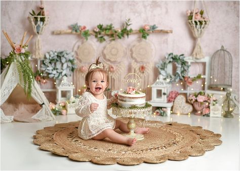 Bohemian 1st Birthday Photoshoot, Woodland Baby Girl, Easter Mini Session, Backdrop Pink, 1st Birthday Girl Decorations, Easter Backdrops, Smash Cake Girl, 1st Birthday Pictures, 1st Birthday Photoshoot