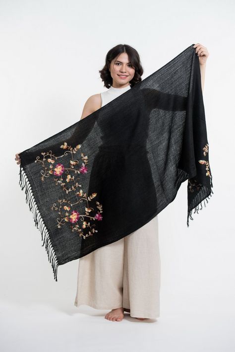 Nepal handmade soft pashmina shawl scarf with intricate floral embroidery.70% Cashmere 30% Silk size: 28" x 70" Scarf Embroidery Design, Embroidery Scarf Design, Scarf Embroidery Ideas, Shawl Design Ideas, Embroidery On Scarf, Shawl Embroidery Design, Shawl Embroidery, Scarf Embroidery, Easy Crochet Scarf