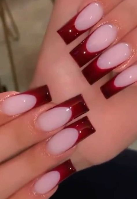 Red French Tip And Solid Nails, Crimson Red Nails Acrylic, French Tip Nails Red And Black, Thick Red French Tip, Crimson Nails Acrylic, Medium Red Acrylic Nails, Blood Red French Tip Nails, Dark Red French Tip Nails Square, Burgundy French Tip Nails Acrylic