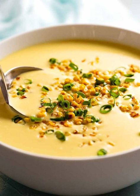 Cold Corn Soup, Vegan Summer Soup, Summer Corn Soup Recipes, Cold Soups For Summer, Corn Soup Vegetarian, Chilled Corn Soup, Corn Soup Chinese, Summer Corn Soup, Sweet Corn Gazpacho