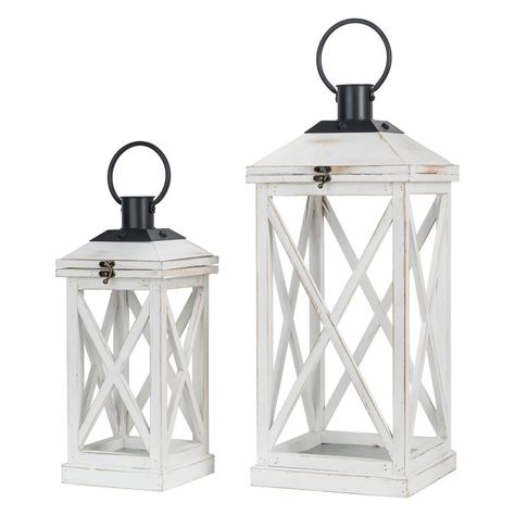 [OFFICIAL] Glitzhome Wash White Farmhouse Modern Wooden Decorative Lanterns - Set of 2 Floor Outdoor, Wooden Lantern, White Lanterns, Small Lanterns, Wood Lantern, Farmhouse Modern, Wooden Lanterns, Lantern Set, White Windows