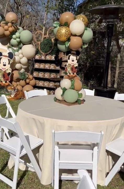 Mickey Mouse Safari Theme Party, Safari Mickey Centerpiece, Mickey Safari Baby Shower Ideas, Safari Theme 1st Birthday Boys, Mickey Mouse Jungle Theme, Safari Mickey Birthday Party, Mickey And Minnie Safari Party, Mickey Mouse Safari Centerpieces, Wild One Mickey Safari