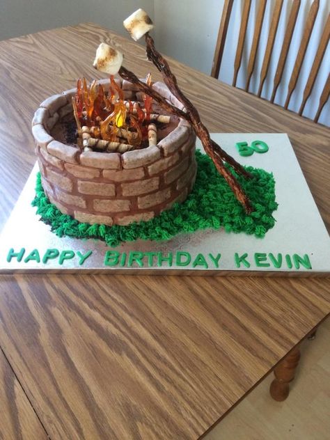 My brothers 50th birthday cake. Nature Cakes, Groot Koeke, Cub Scout Cake, Campfire Cake, Fire Cake, Nature Cake, Camping Cakes, Baby First Birthday Cake, Bonfire Party