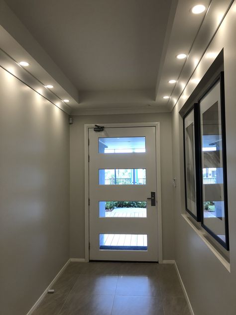 Bulkhead and lighting in entry Bulkhead Lighting, Lighting Ideas, House Ideas, Blinds, Doors, Curtains, Lighting, Home Decor, Home Décor