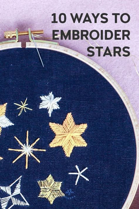 10 ways to embroider stars – with free pattern Sashiko Star Pattern, Embroidery Stars Simple, Moon And Stars Embroidery Pattern, How To Embroider Stars Easy, Hand Embroidered Stars, Embroidery Patterns Stars, Christmas Star Embroidery, Embroider Stars Tutorial, Moon And Star Embroidery